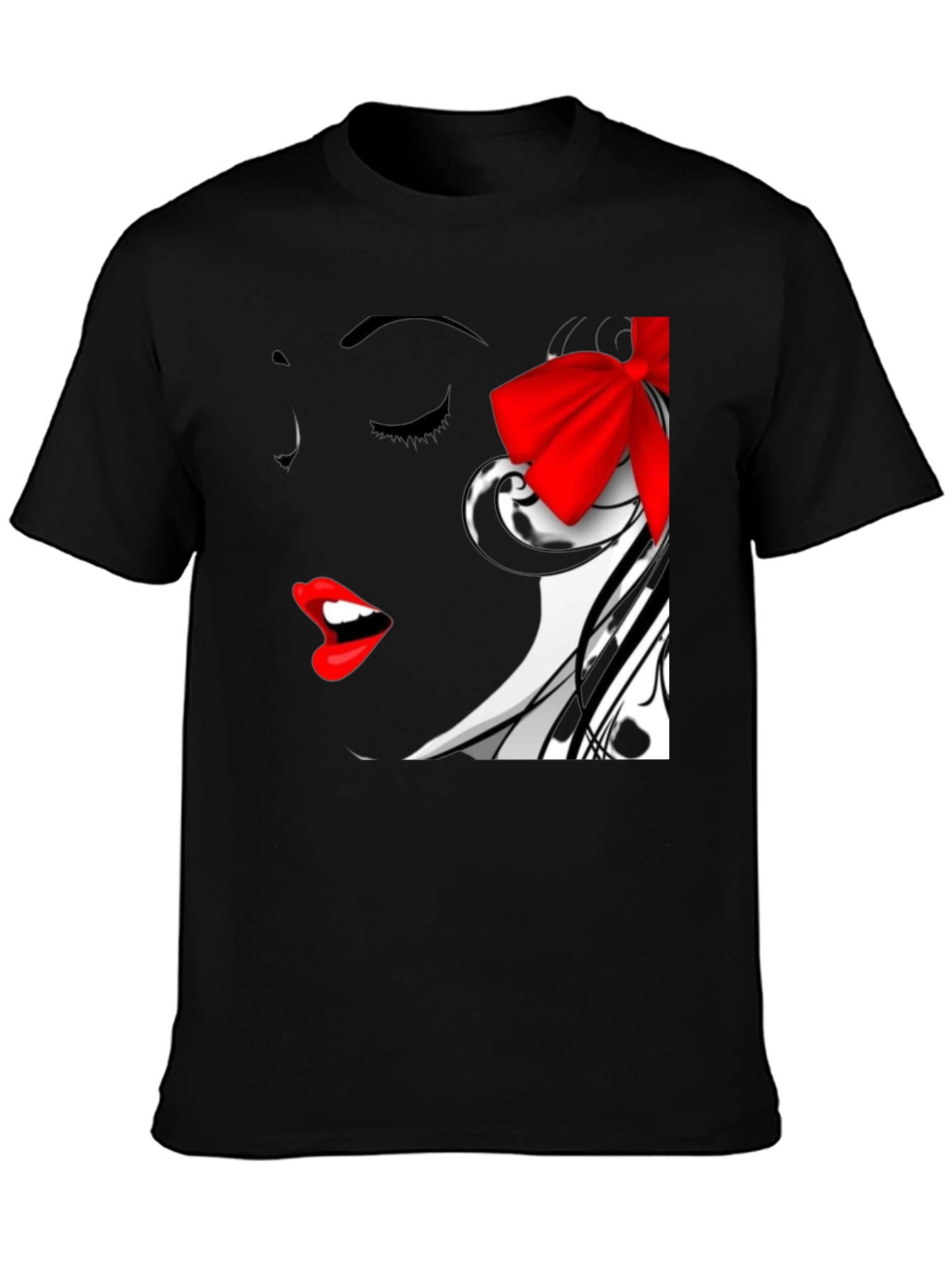 Woman Portrait Black T-Shirt with Red Bow