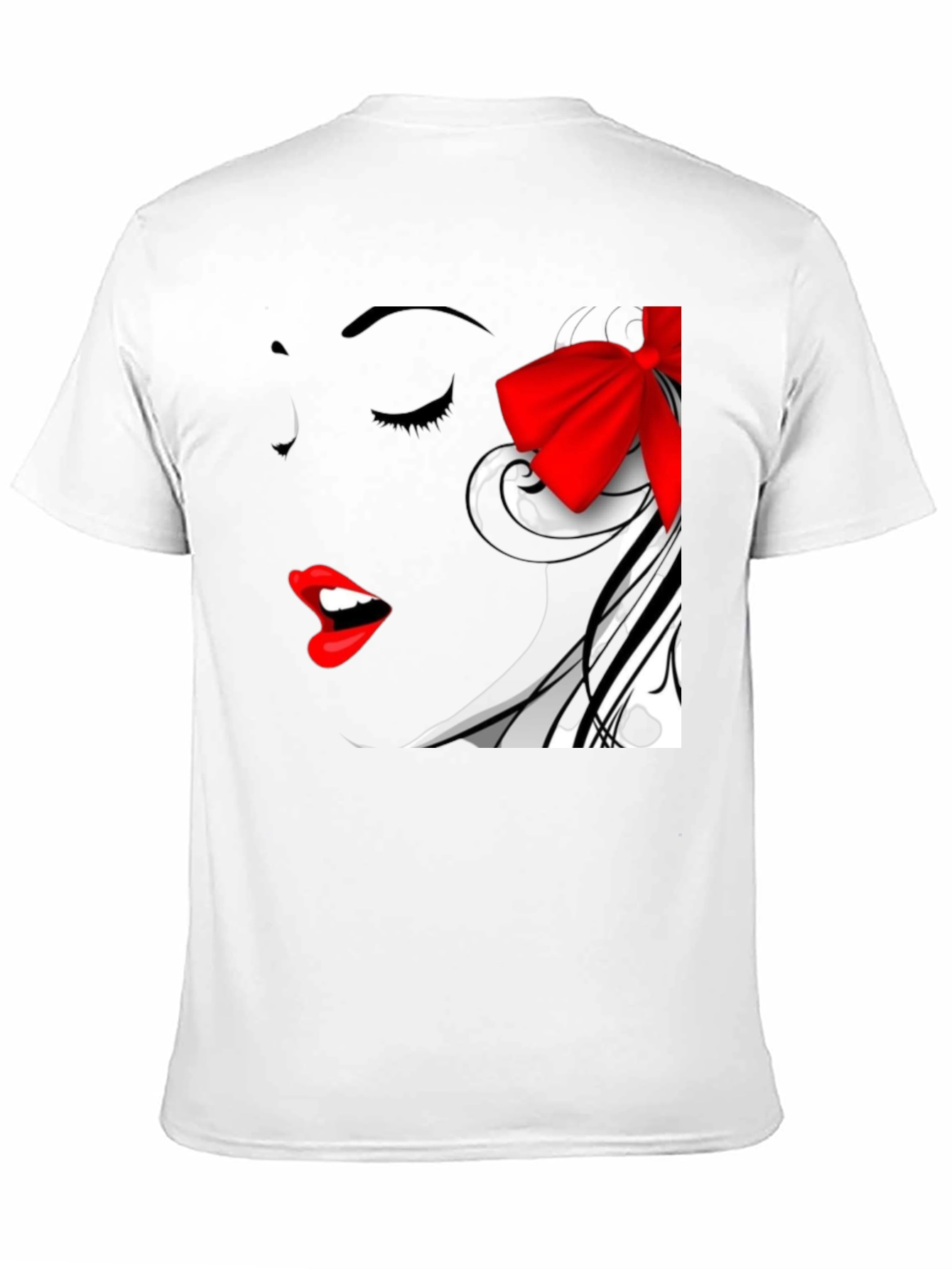 Woman Portrait Black T-Shirt with Red Bow