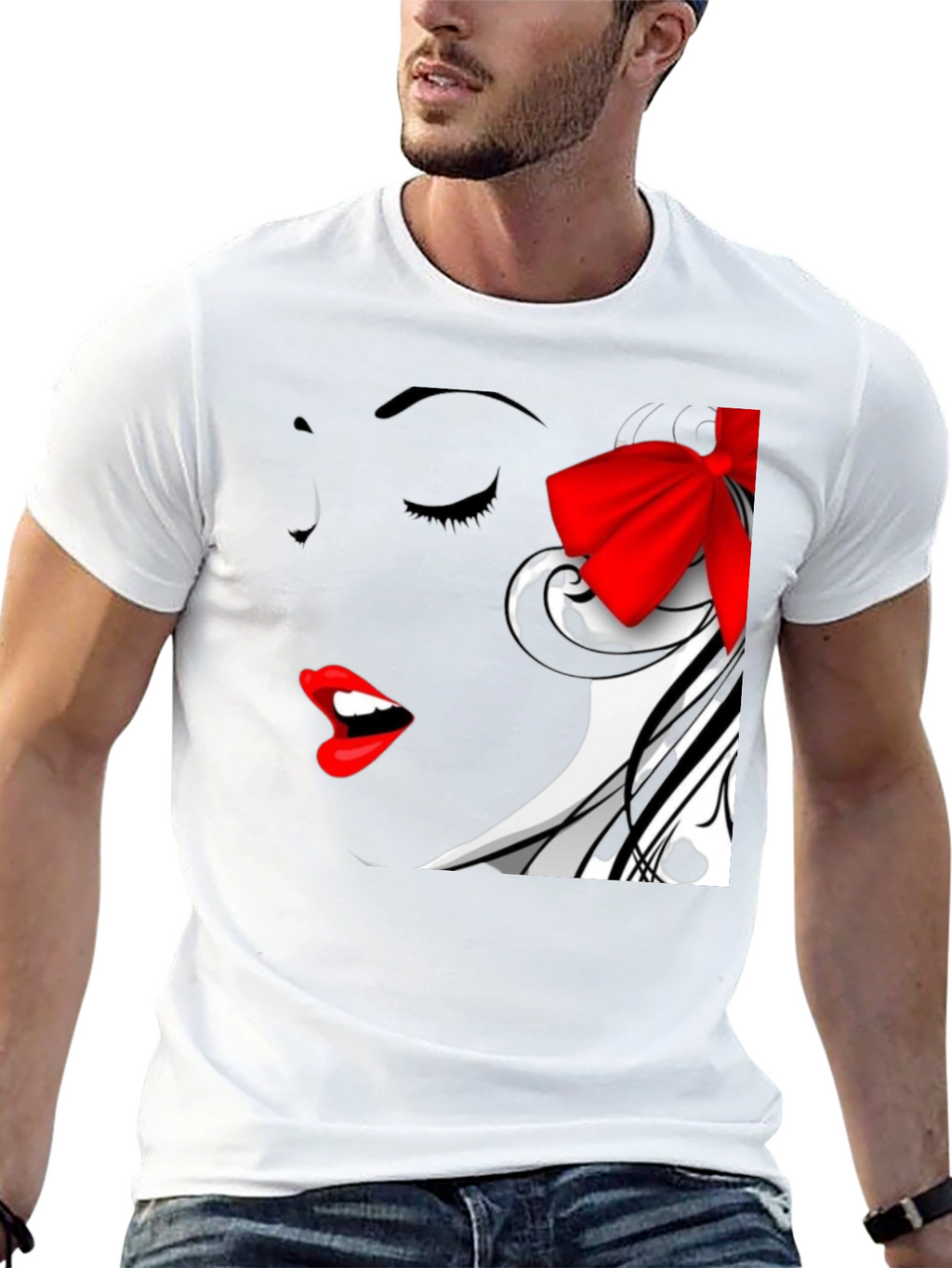 Woman Portrait Black T-Shirt with Red Bow