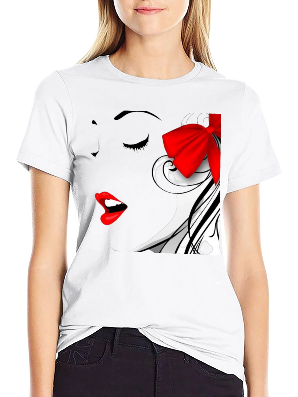 Woman Portrait Black T-Shirt with Red Bow
