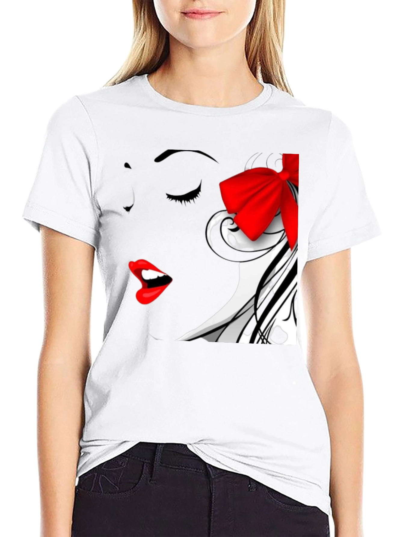 Woman Portrait Black T-Shirt with Red Bow