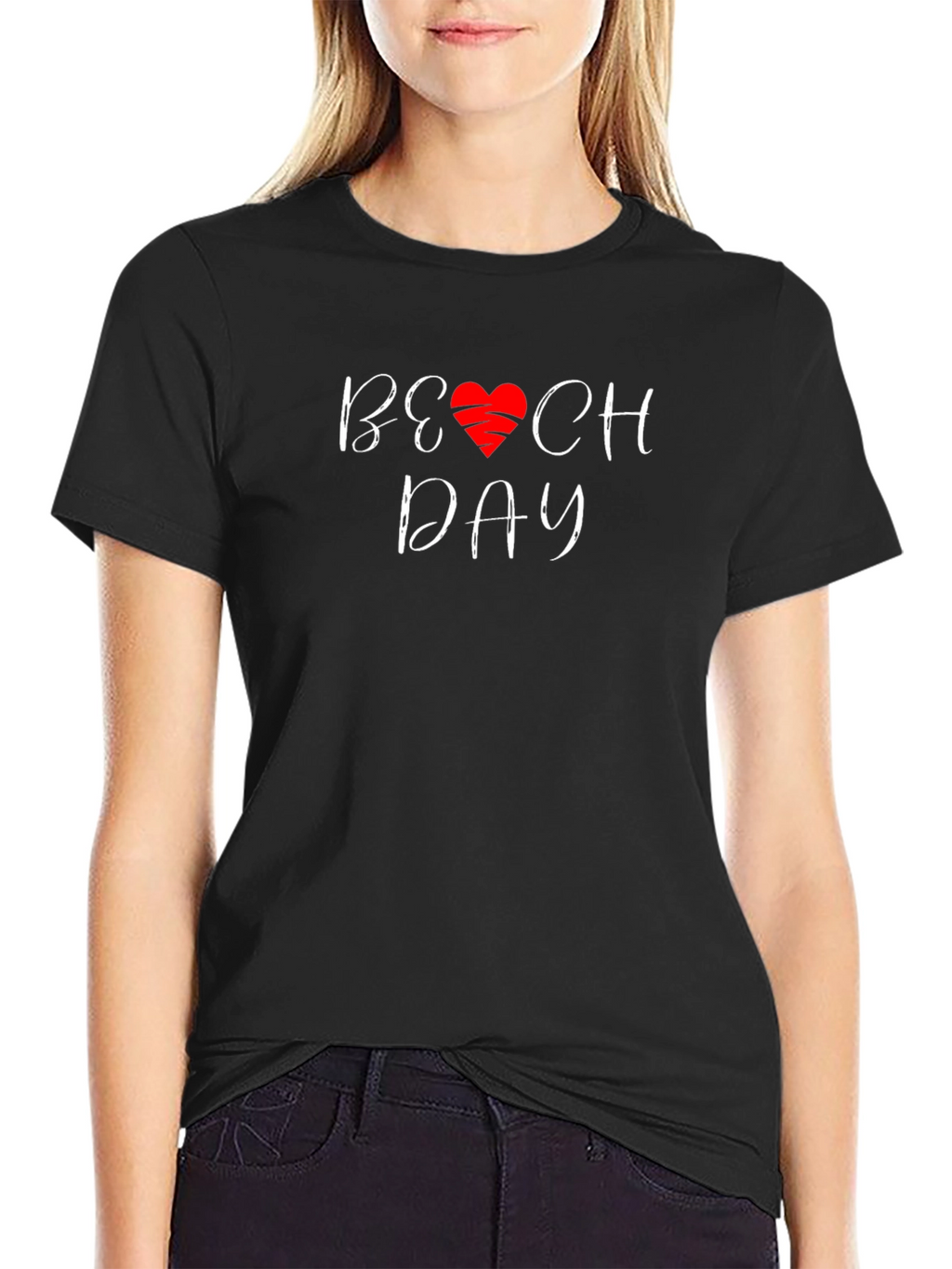 Beach Day T-Shirt with Heart Graphic - Casual Wear