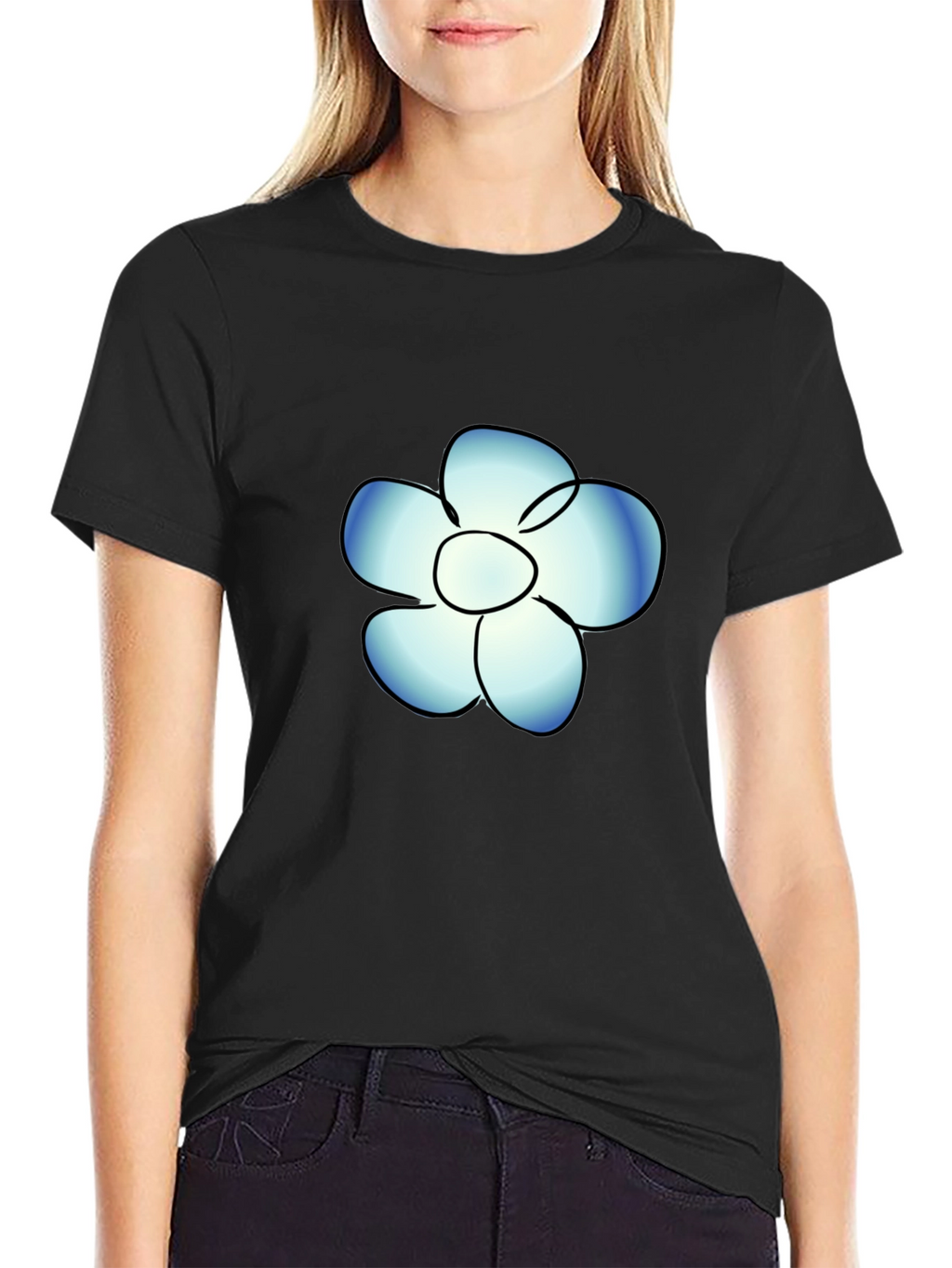 Black T-Shirt with Blue Flower Graphic