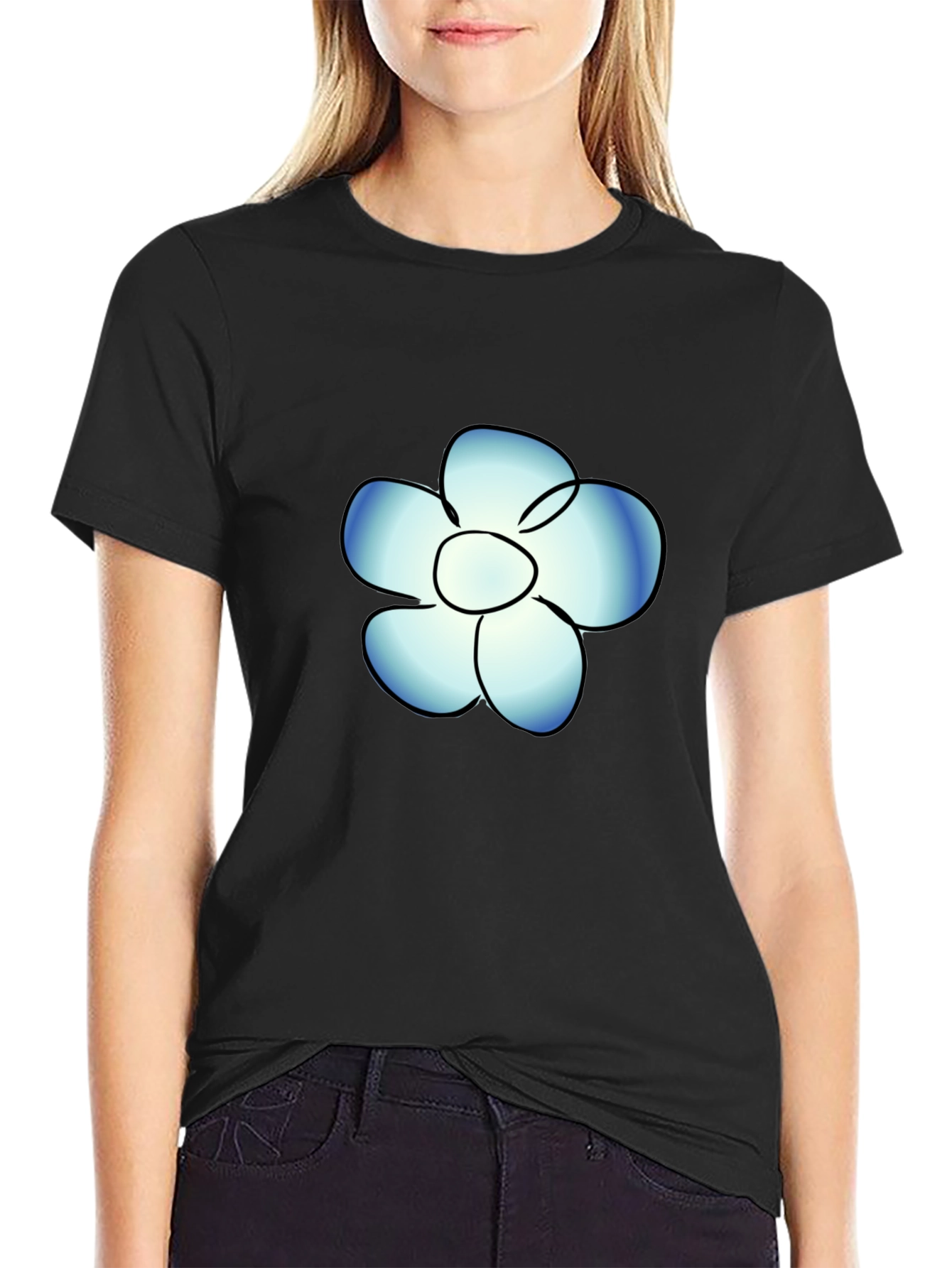 Black T-Shirt with Blue Flower Graphic