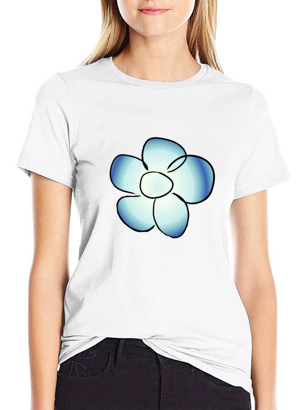 Black T-Shirt with Blue Flower Graphic