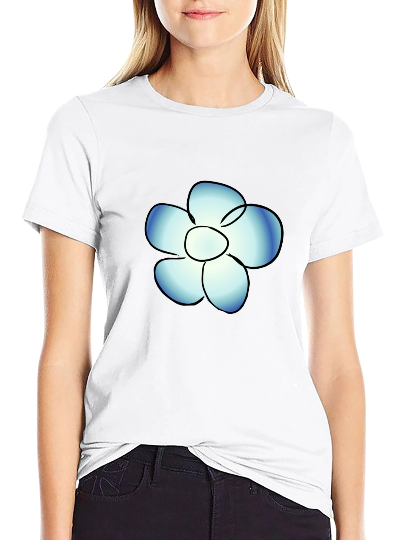 Black T-Shirt with Blue Flower Graphic