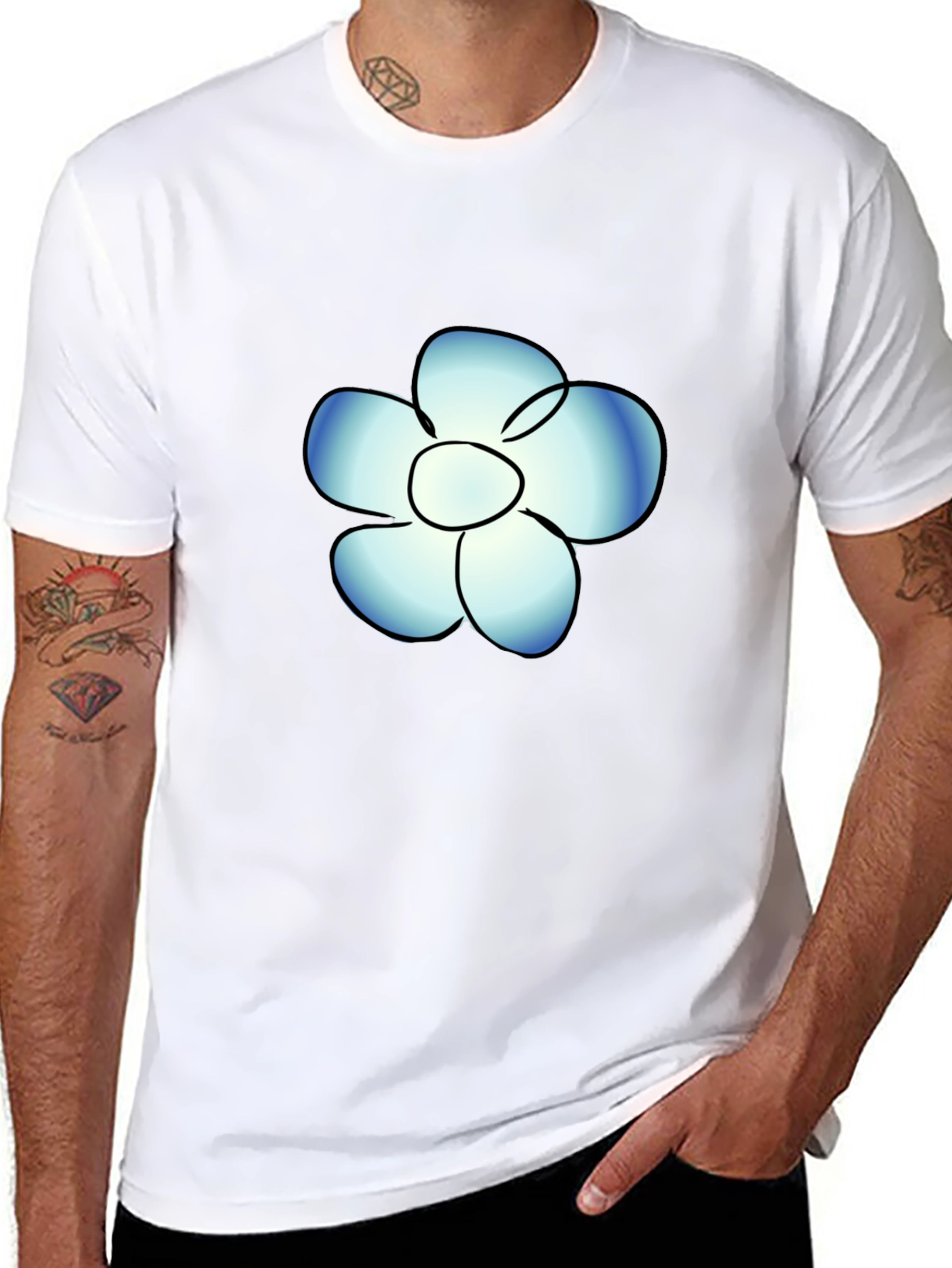 Black T-Shirt with Blue Flower Graphic