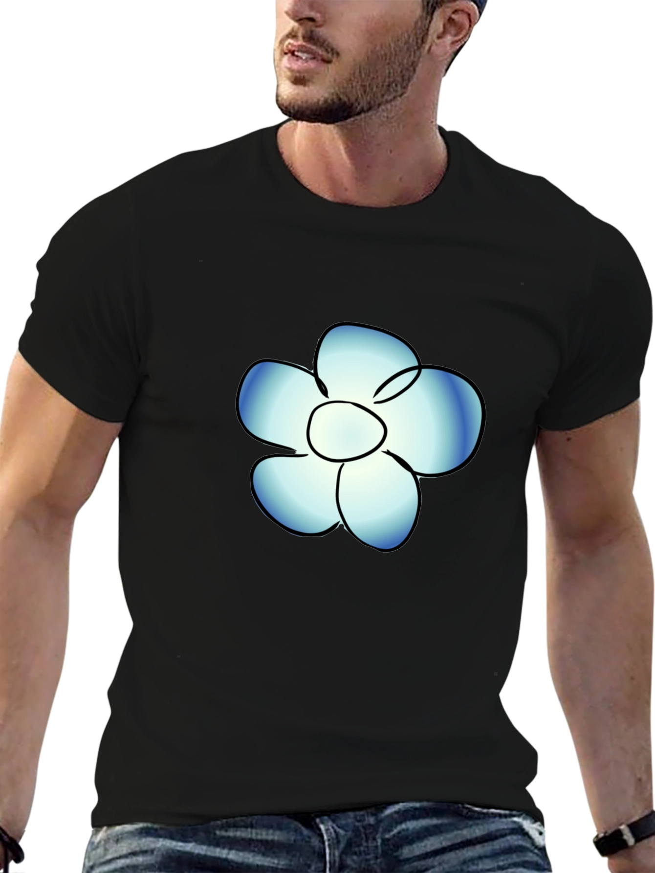 Black T-Shirt with Blue Flower Graphic