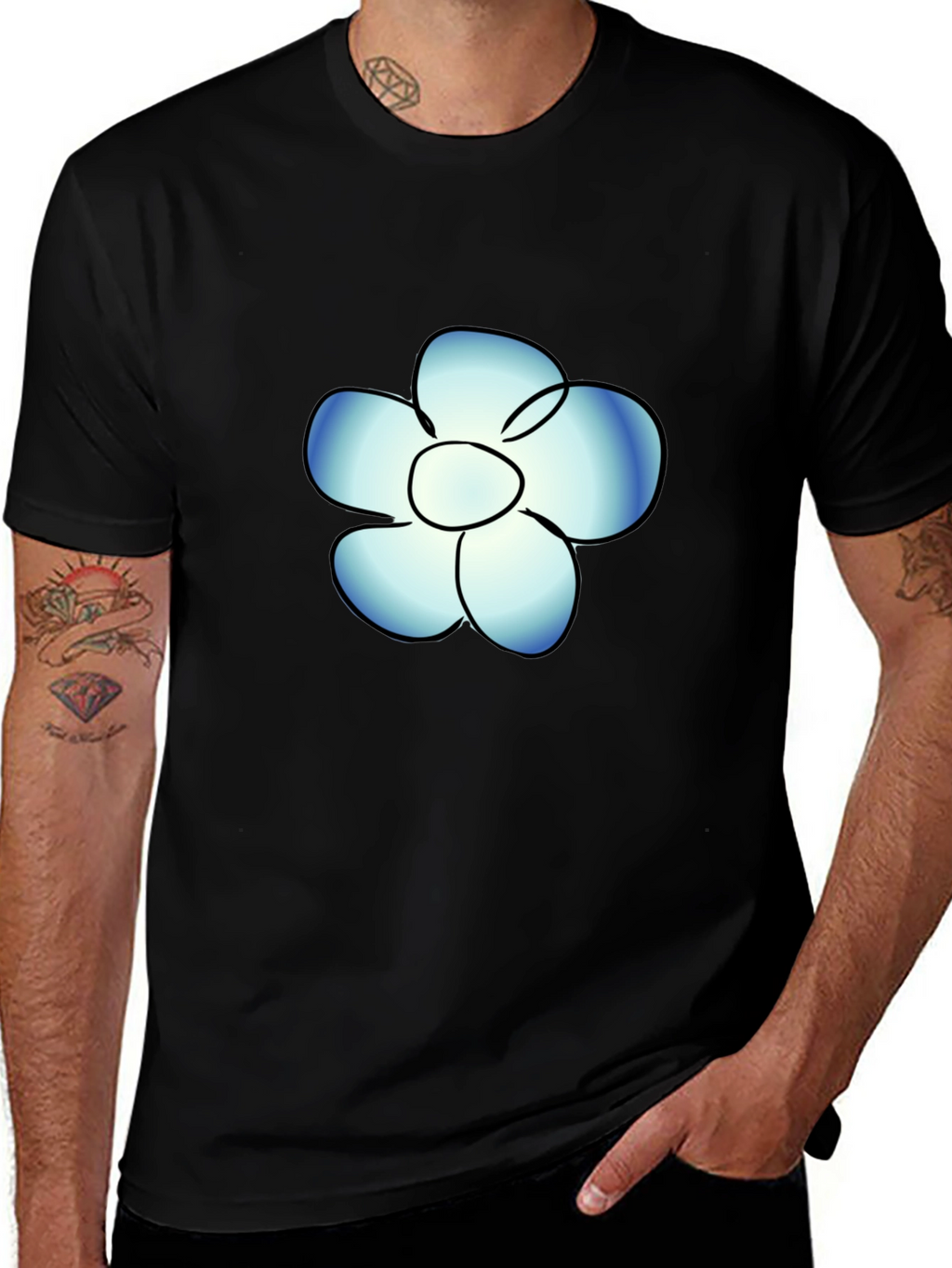 Black T-Shirt with Blue Flower Graphic