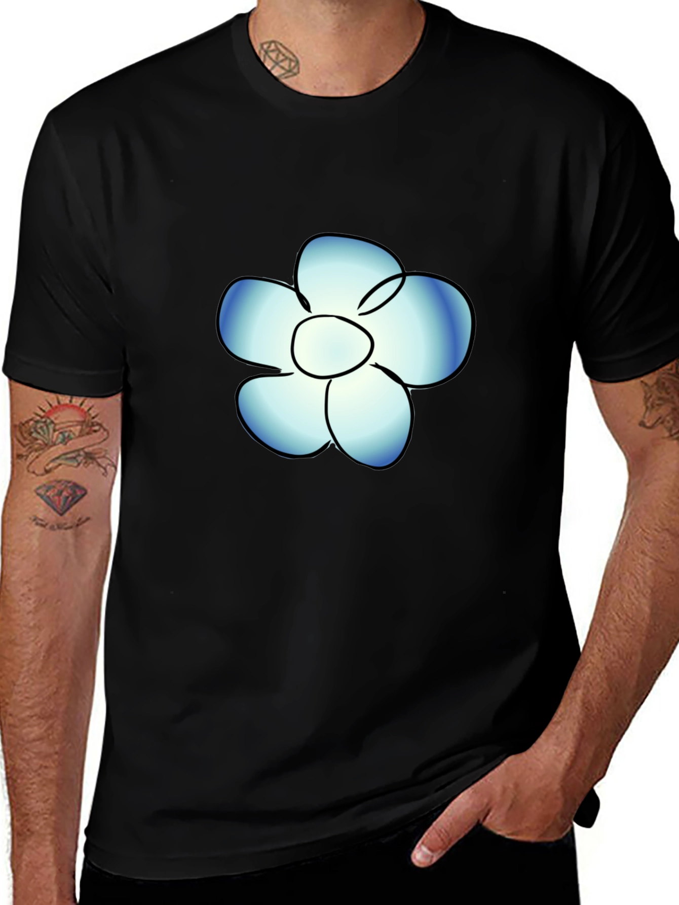 Black T-Shirt with Blue Flower Graphic
