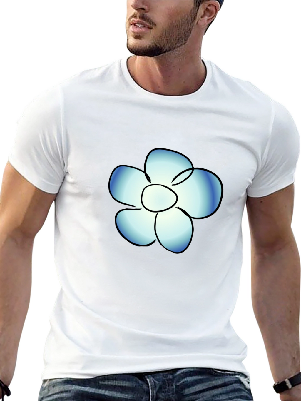 Black T-Shirt with Blue Flower Graphic