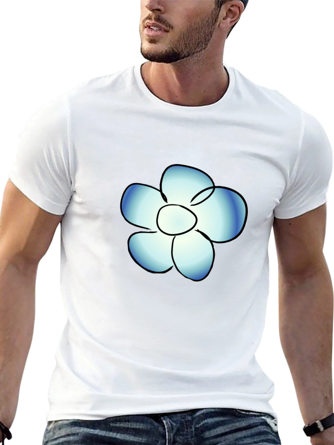 Black T-Shirt with Blue Flower Graphic