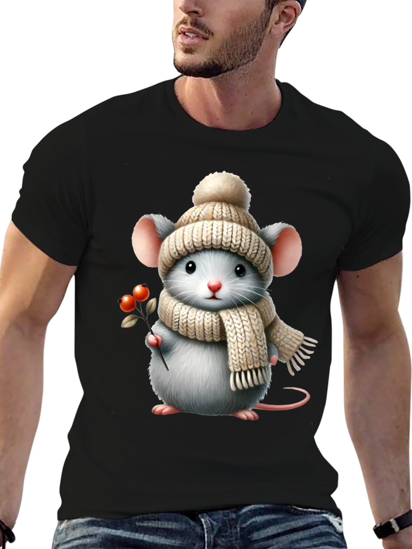Cute Mouse in Winter Hat Graphic Tee