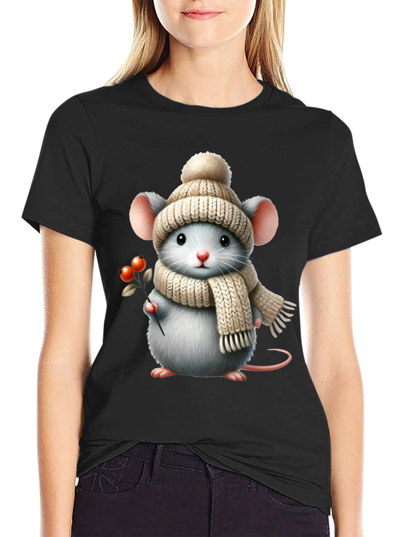 Cute Mouse in Winter Hat Graphic Tee