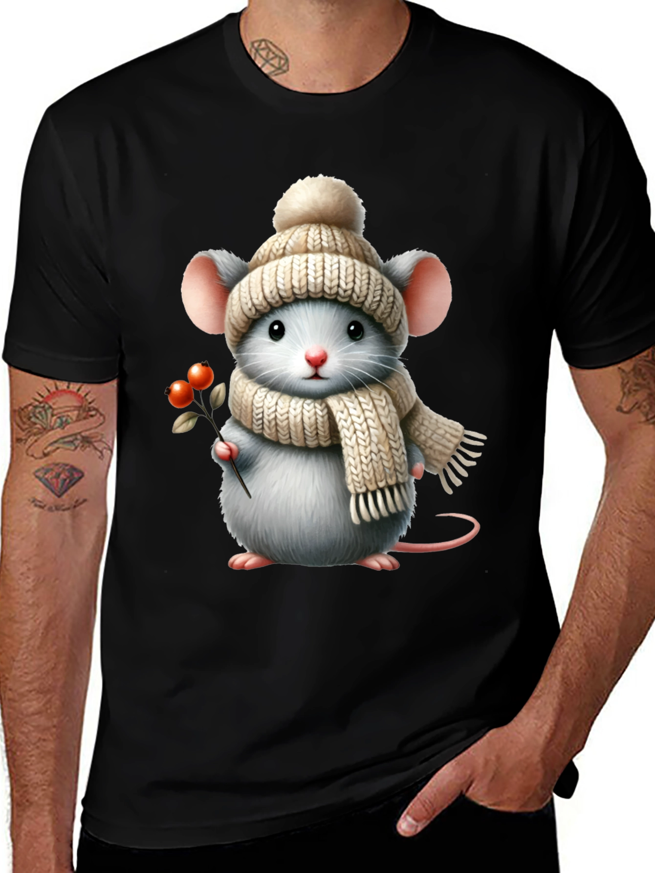 Cute Mouse in Winter Hat Graphic Tee
