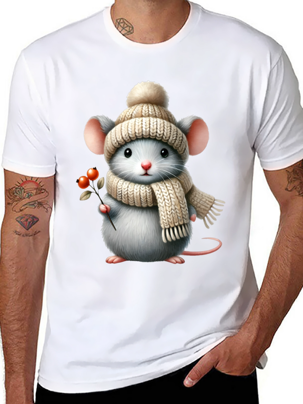 Cute Mouse in Winter Hat Graphic Tee