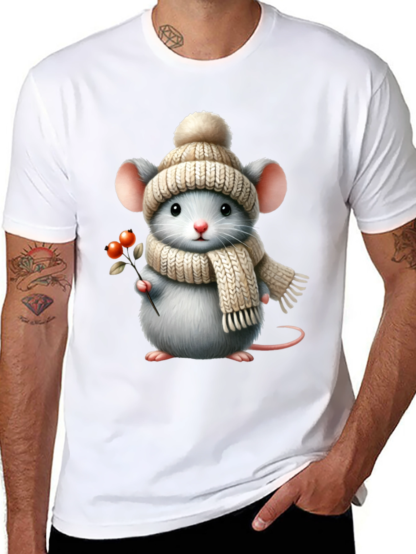 Cute Mouse in Winter Hat Graphic Tee