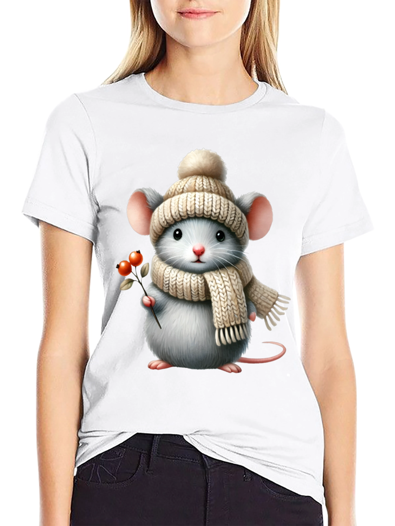 Cute Mouse in Winter Hat Graphic Tee