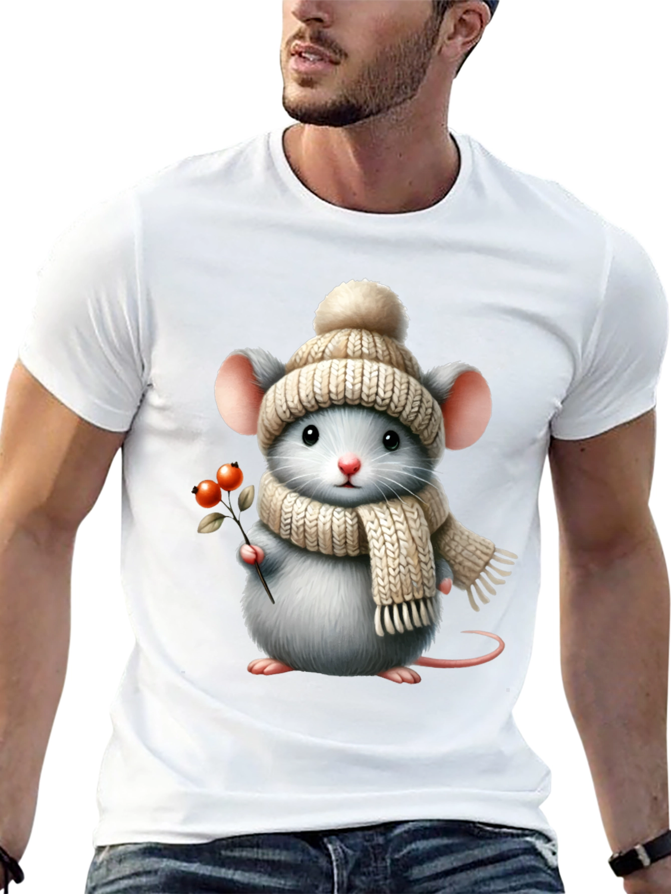 Cute Mouse in Winter Hat Graphic Tee