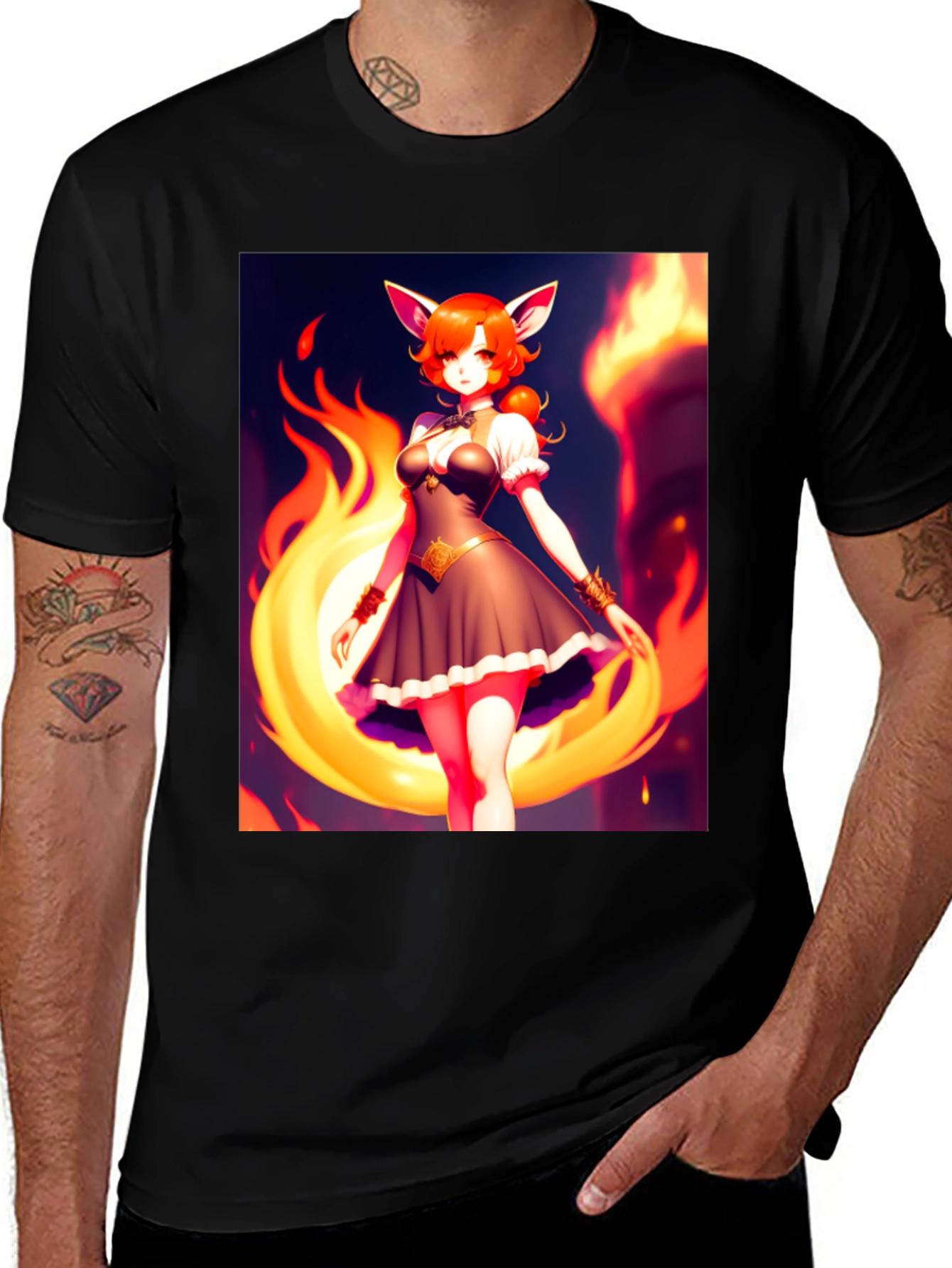 Anime Fox Girl Graphic Tee - Black Short Sleeve T-Shirt