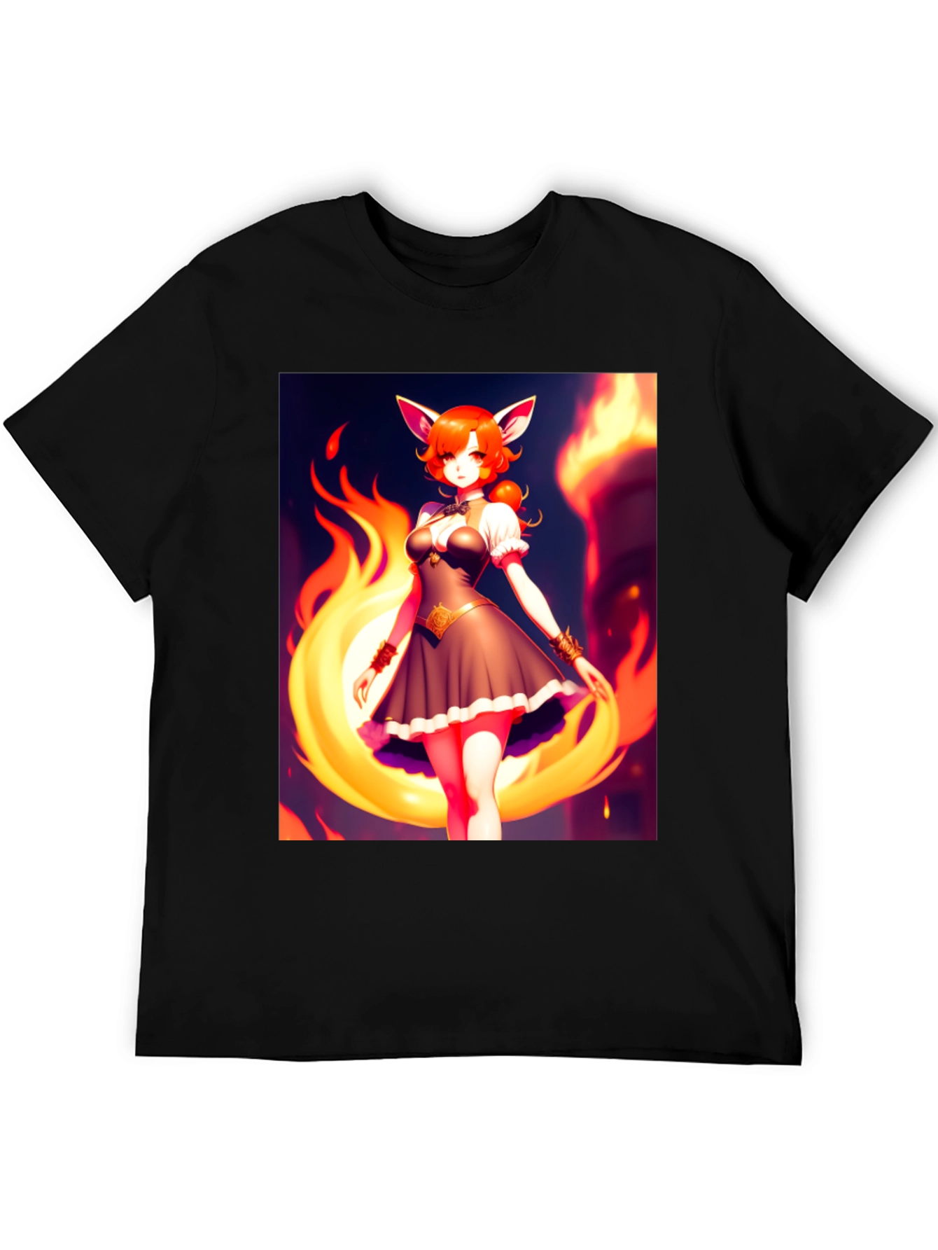 Anime Fox Girl Graphic Tee - Black Short Sleeve T-Shirt