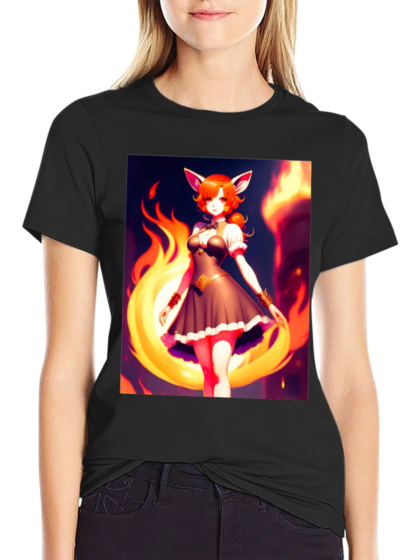 Anime Fox Girl Graphic Tee - Black Short Sleeve T-Shirt