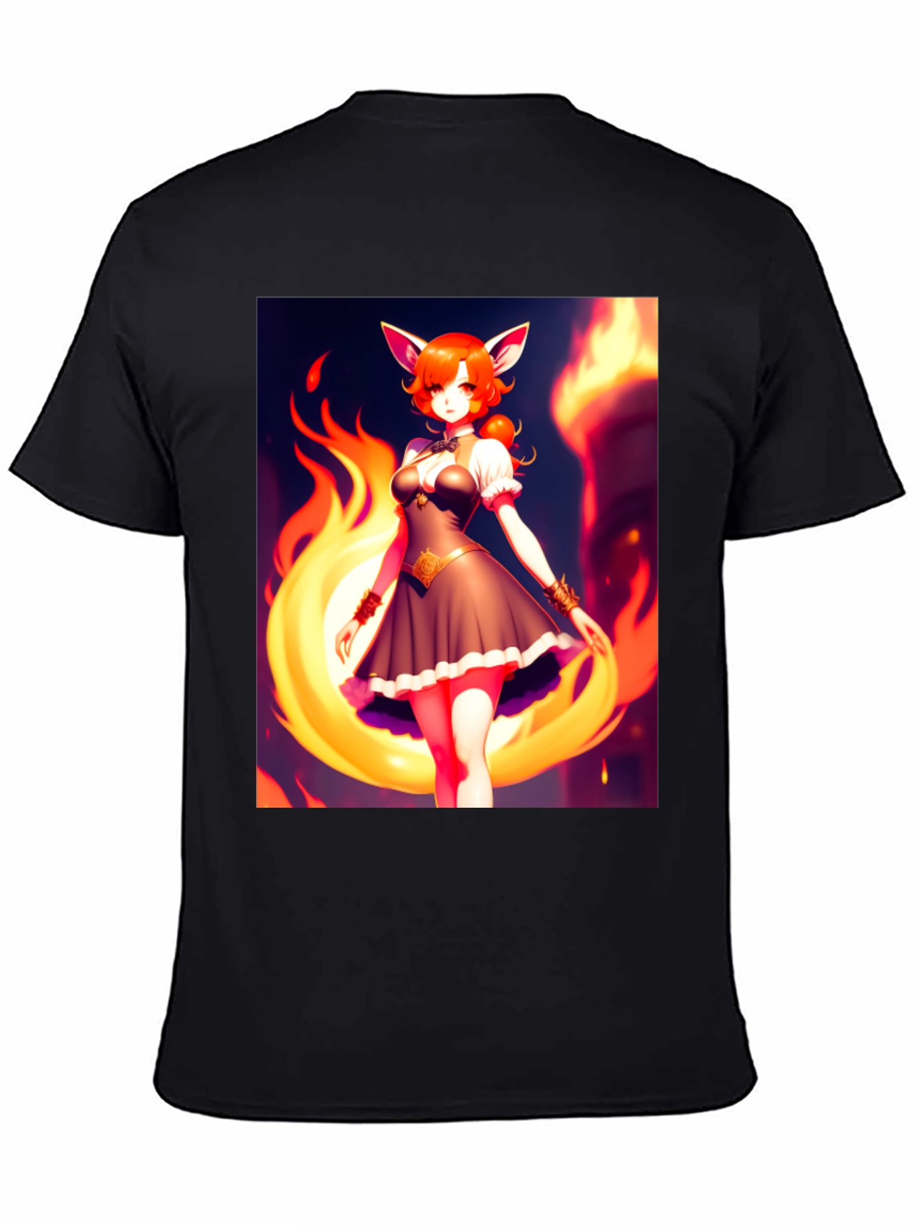 Anime Fox Girl Graphic Tee - Black Short Sleeve T-Shirt