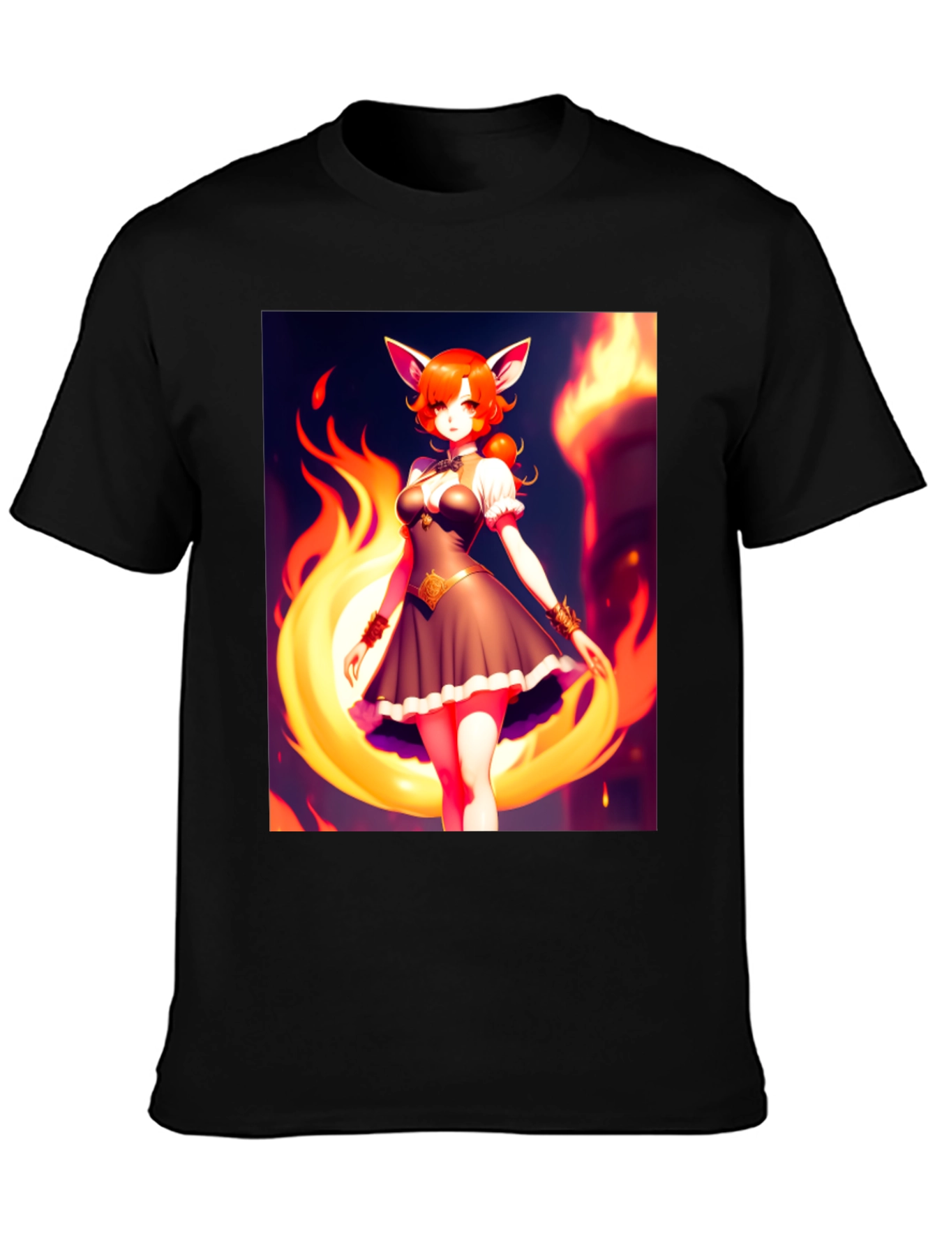 Anime Fox Girl Graphic Tee - Black Short Sleeve T-Shirt