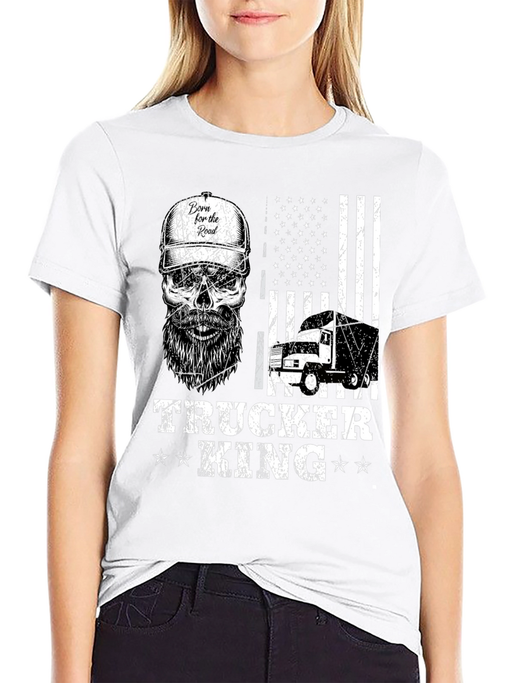 Trucker King T-Shirt - American Flag Skull Design