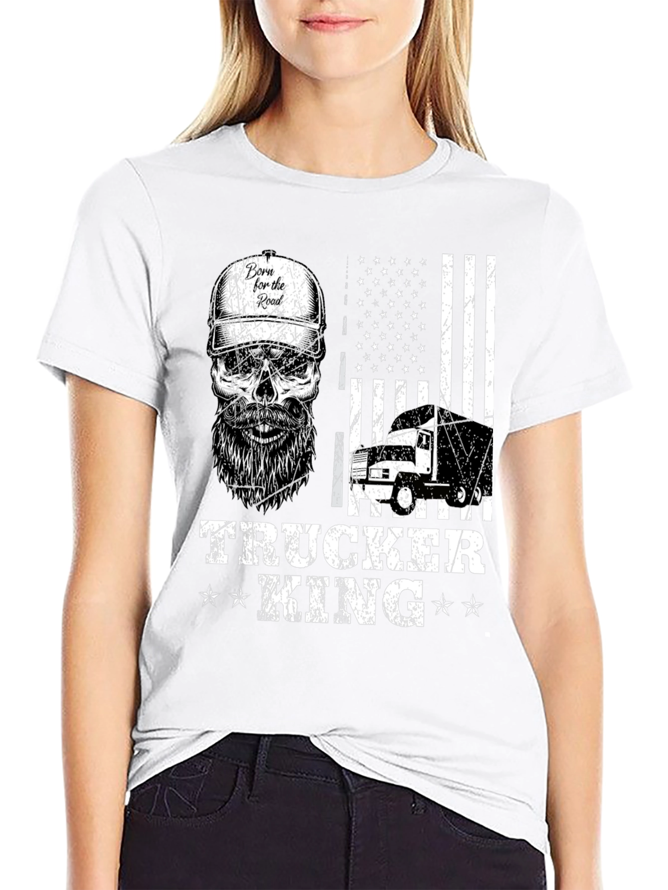 Trucker King T-Shirt - American Flag Skull Design