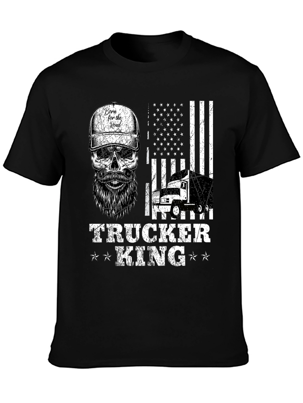 Trucker King T-Shirt - American Flag Skull Design