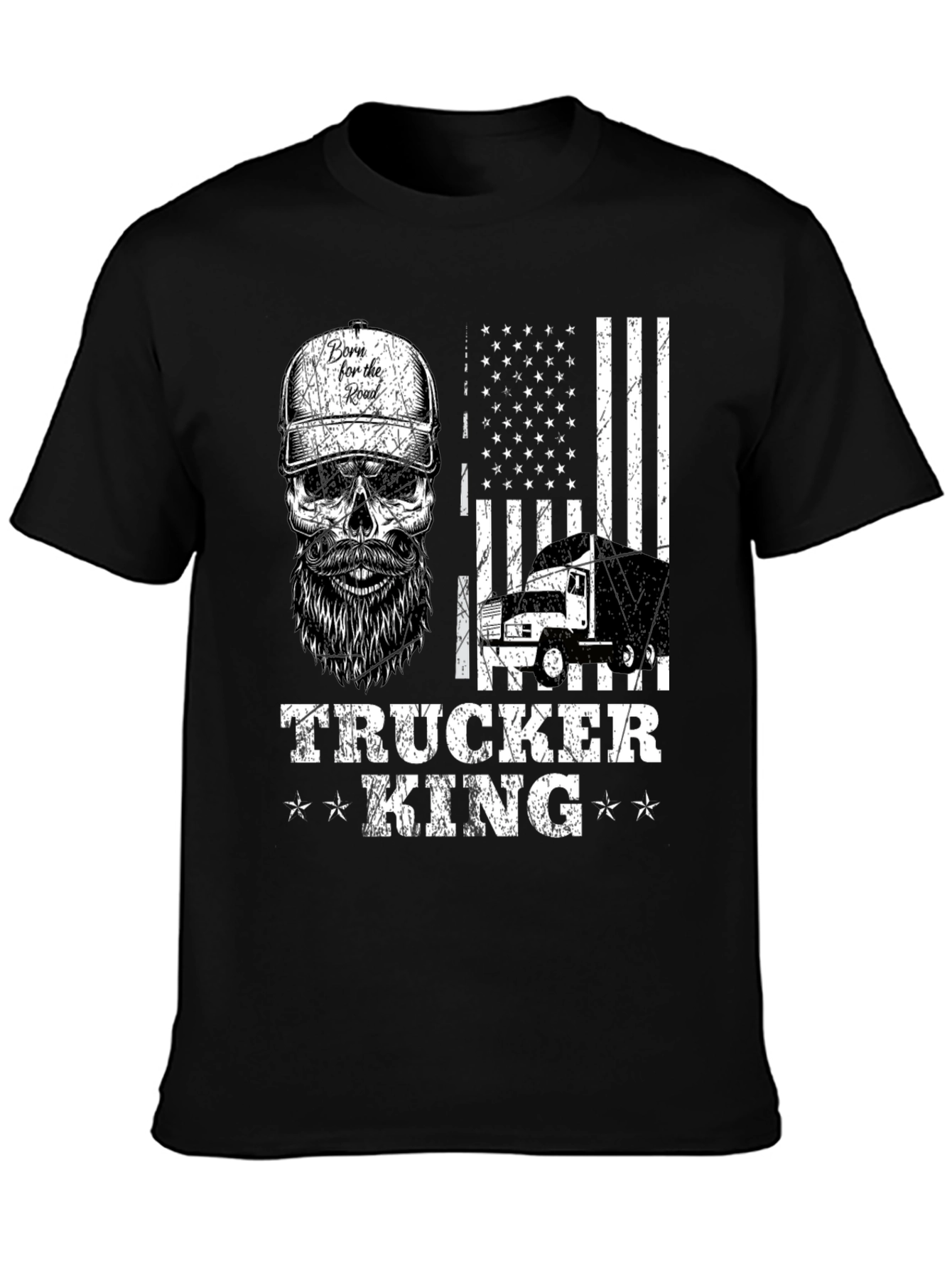 Trucker King T-Shirt - American Flag Skull Design