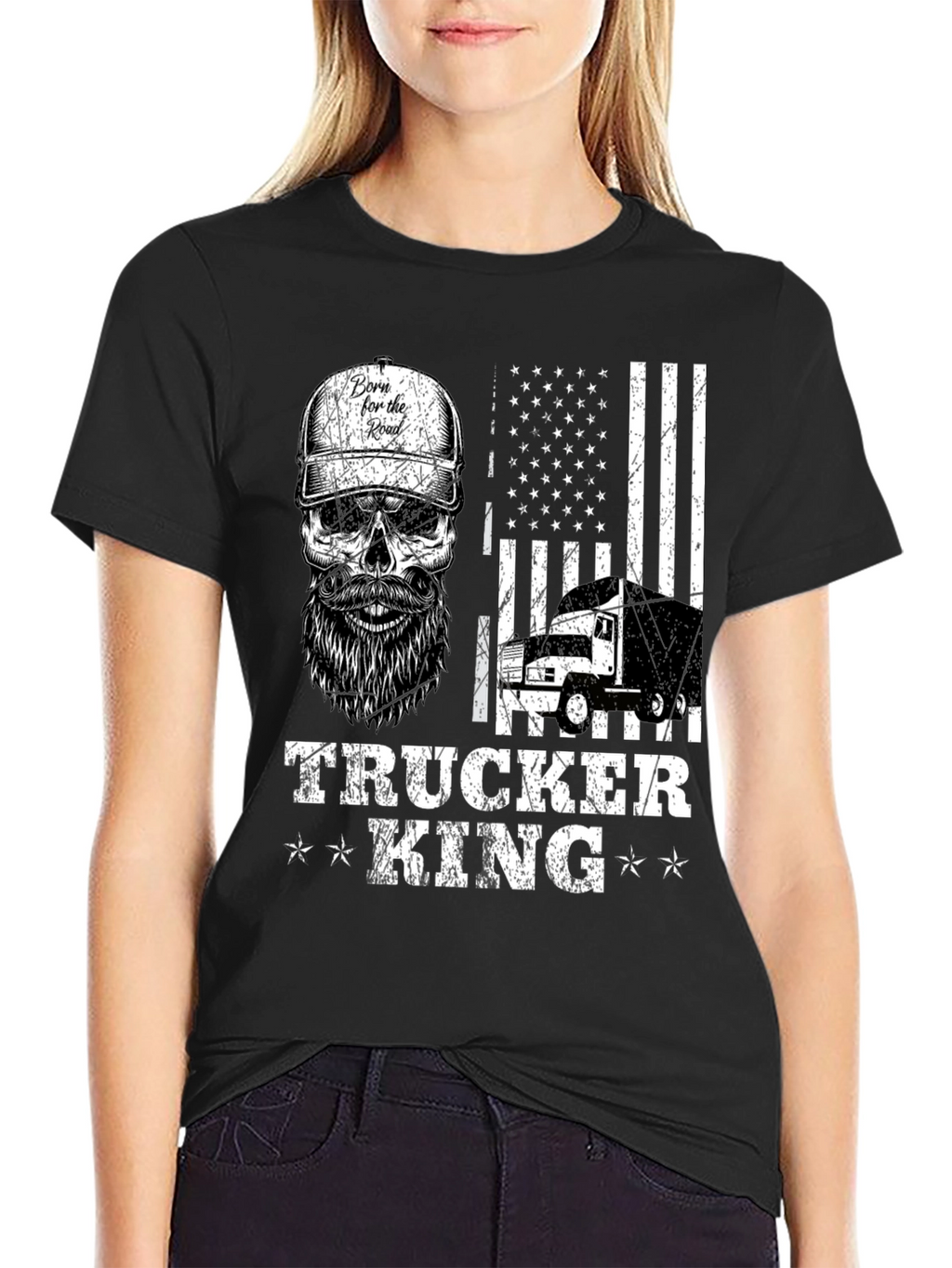 Trucker King T-Shirt - American Flag Skull Design