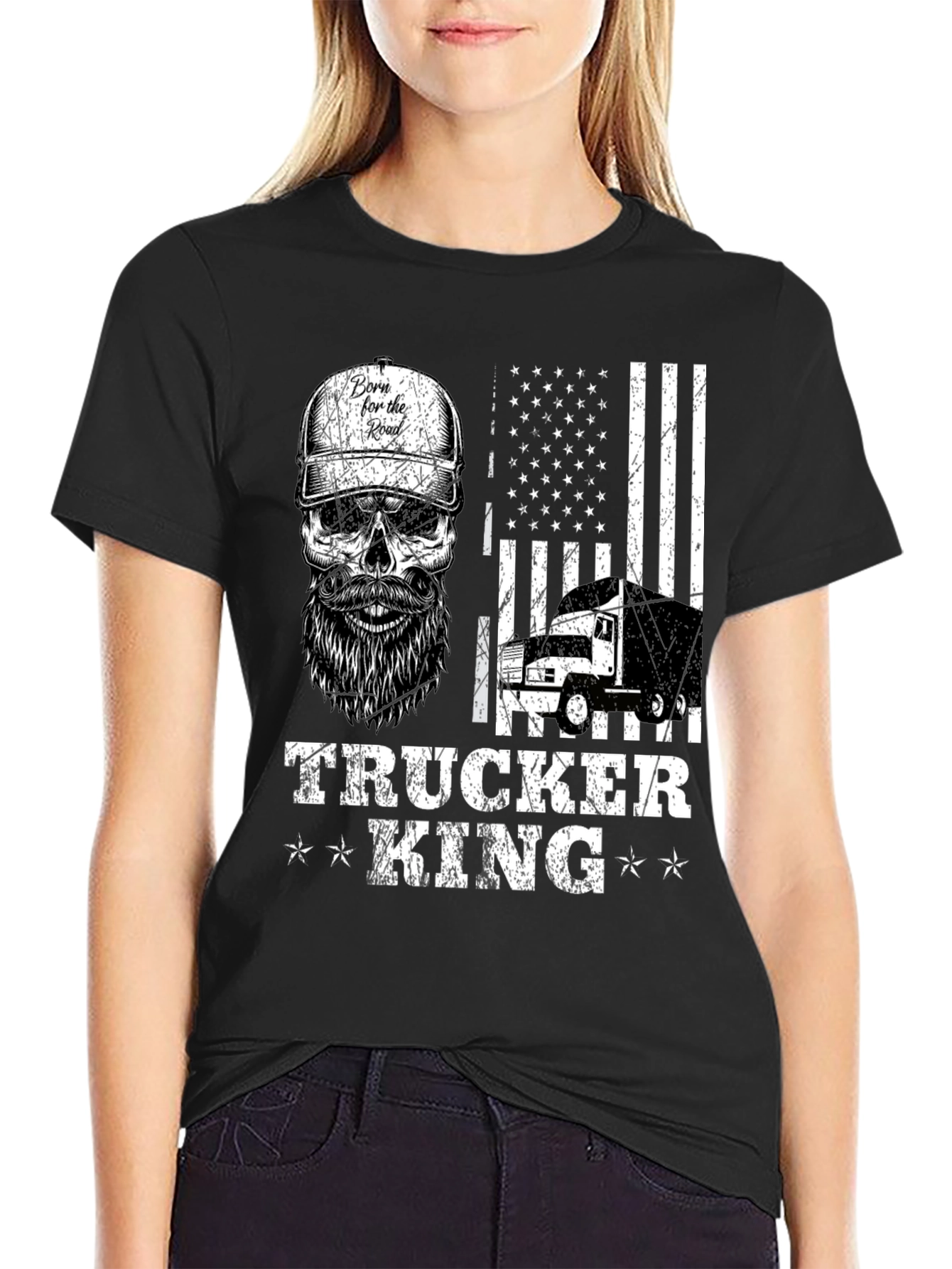 Trucker King T-Shirt - American Flag Skull Design