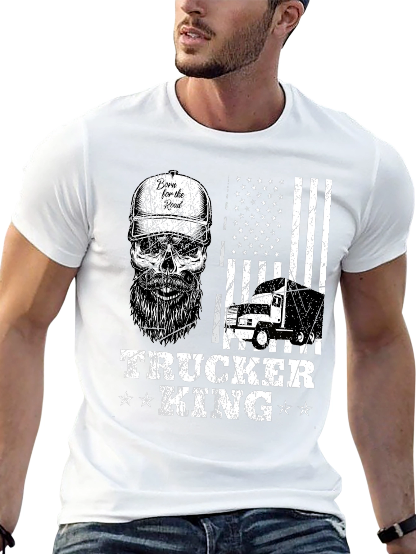 Trucker King T-Shirt - American Flag Skull Design