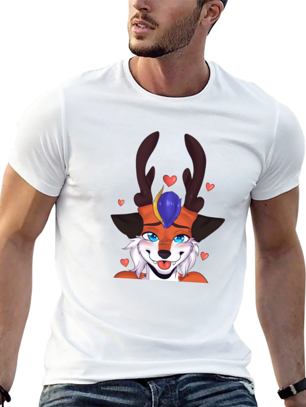 Cartoon Fox Deer T-Shirt Black Cotton Blend Fun Design