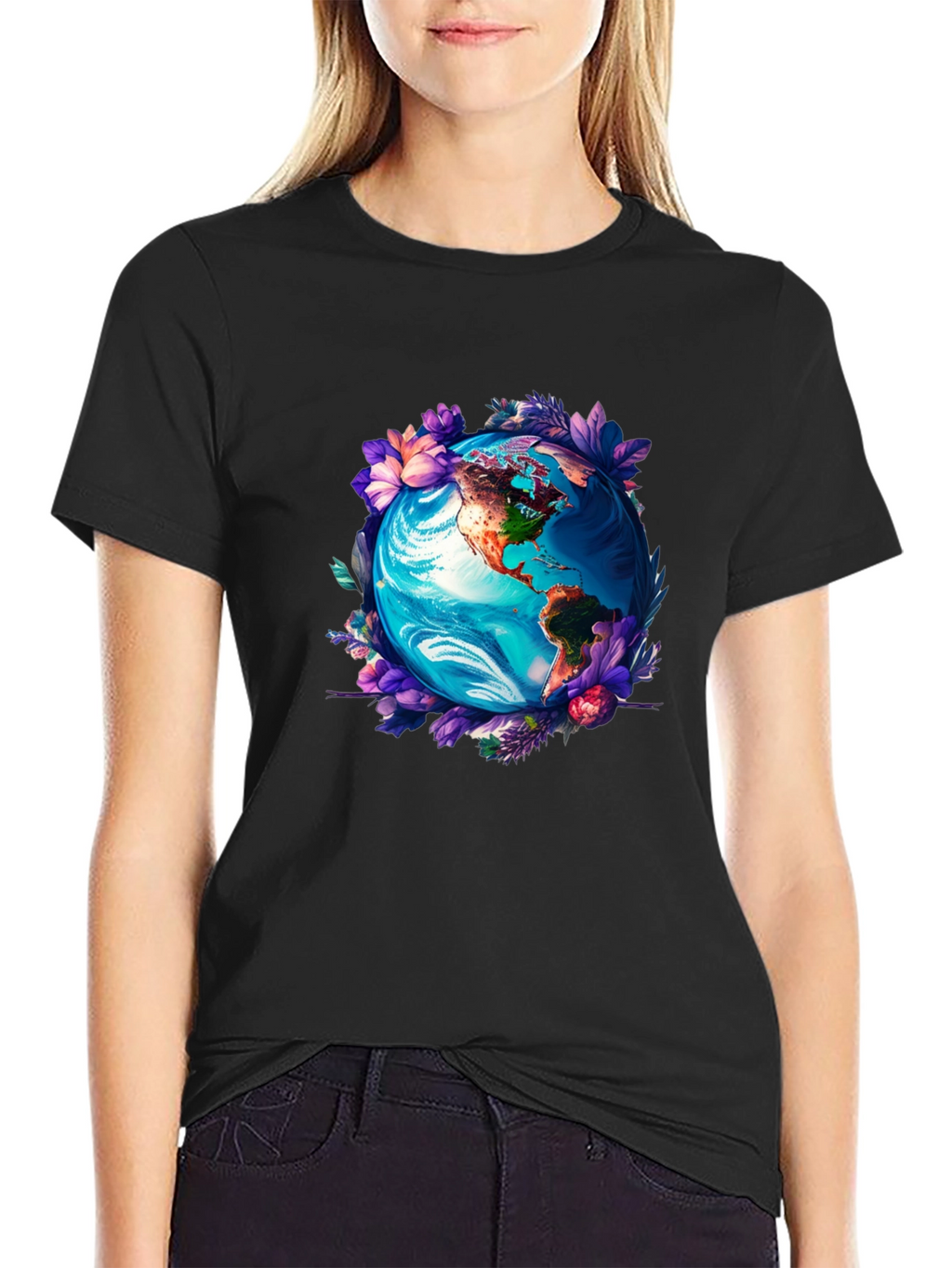 Earth Globe Floral Graphic Tee - Black T-Shirt