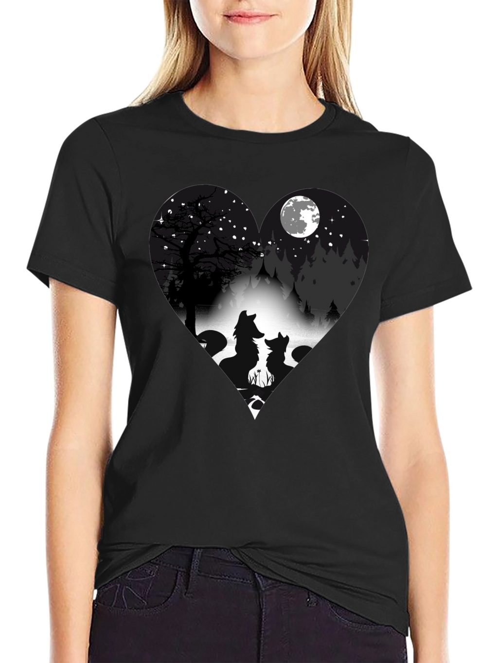 Wolf Silhouette Heart Graphic T-Shirt