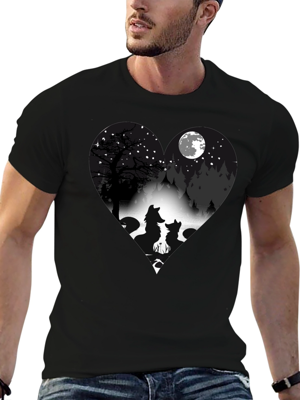 Wolf Silhouette Heart Graphic T-Shirt
