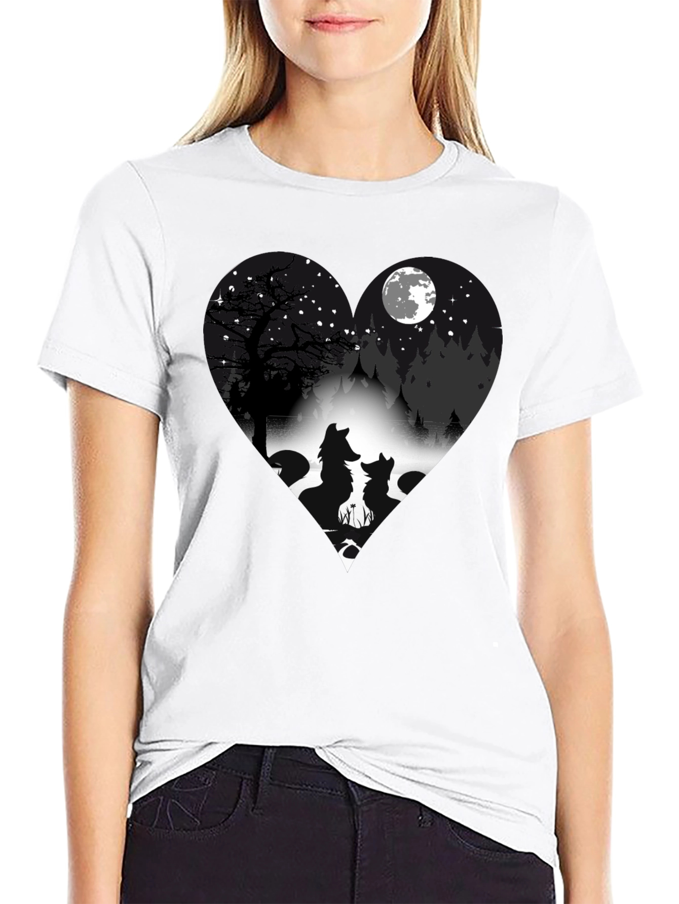 Wolf Silhouette Heart Graphic T-Shirt