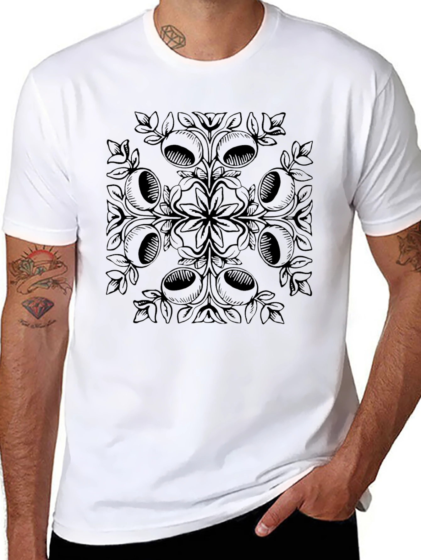 Black Graphic Tee with Acorn Mandala