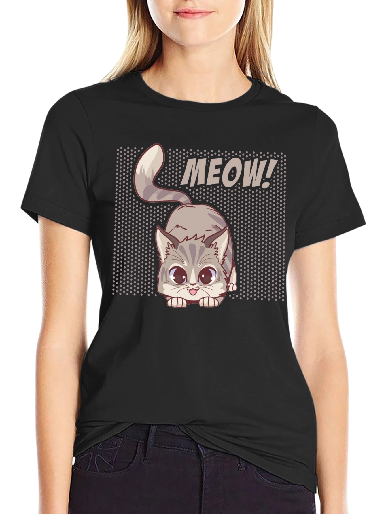 Cute MEOW Cat Graphic T-Shirt - Black