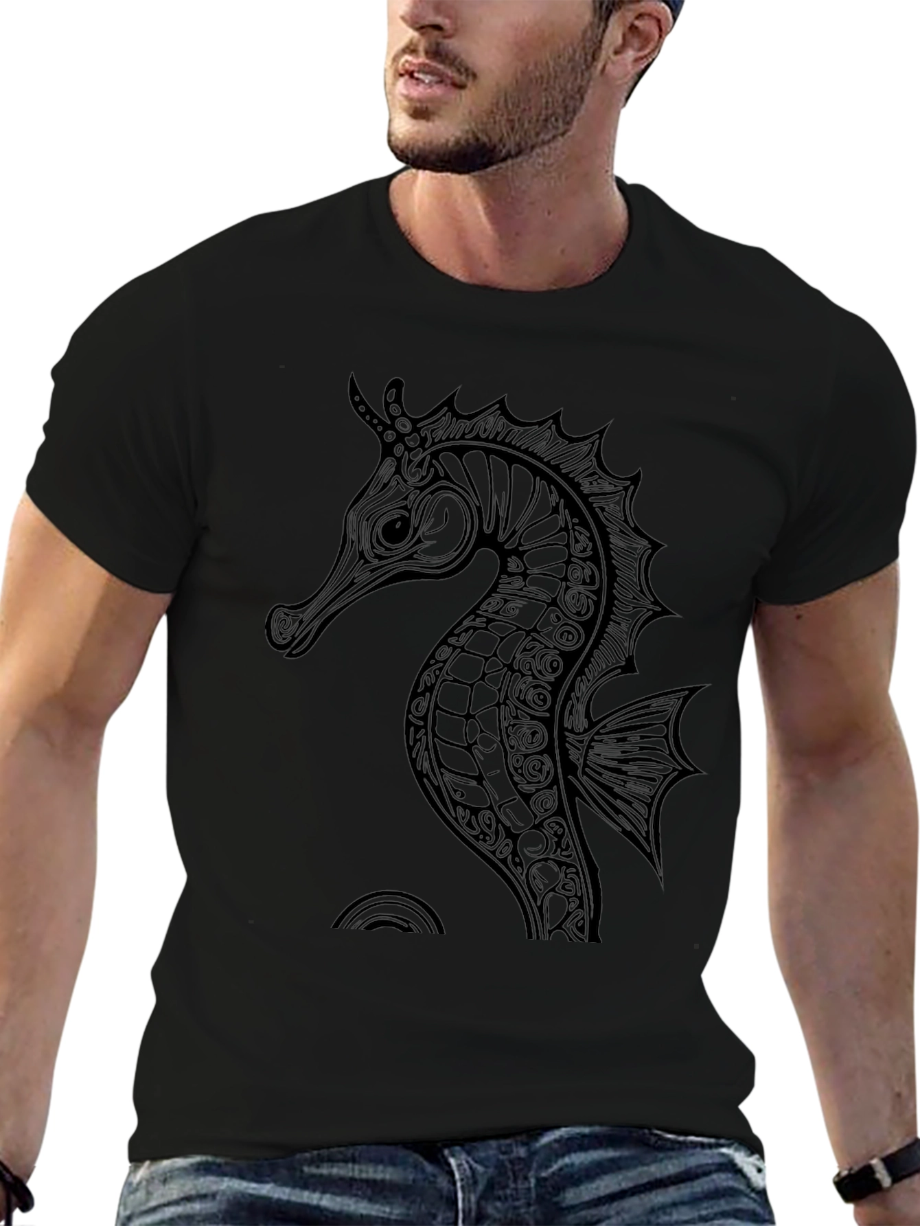 Black Seahorse Graphic Tee - Stylish Mens Shirt
