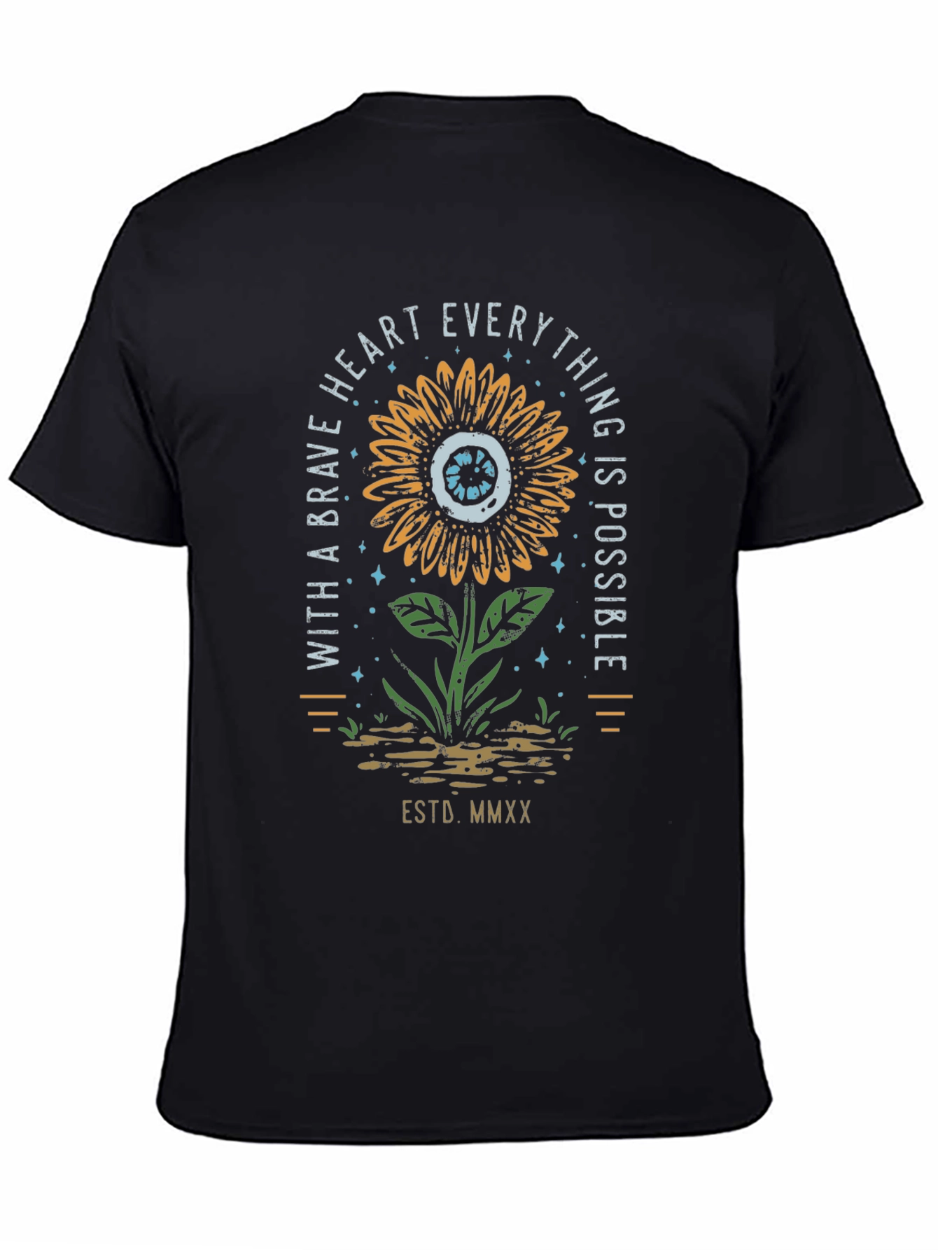 Brave Heart Sunflower Graphic Tee - Unisex Black T-Shirt
