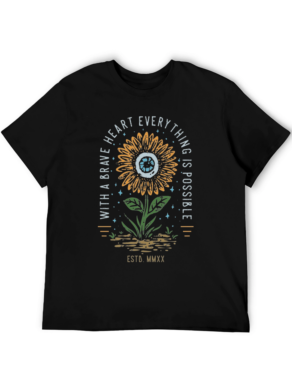 Brave Heart Sunflower Graphic Tee - Unisex Black T-Shirt
