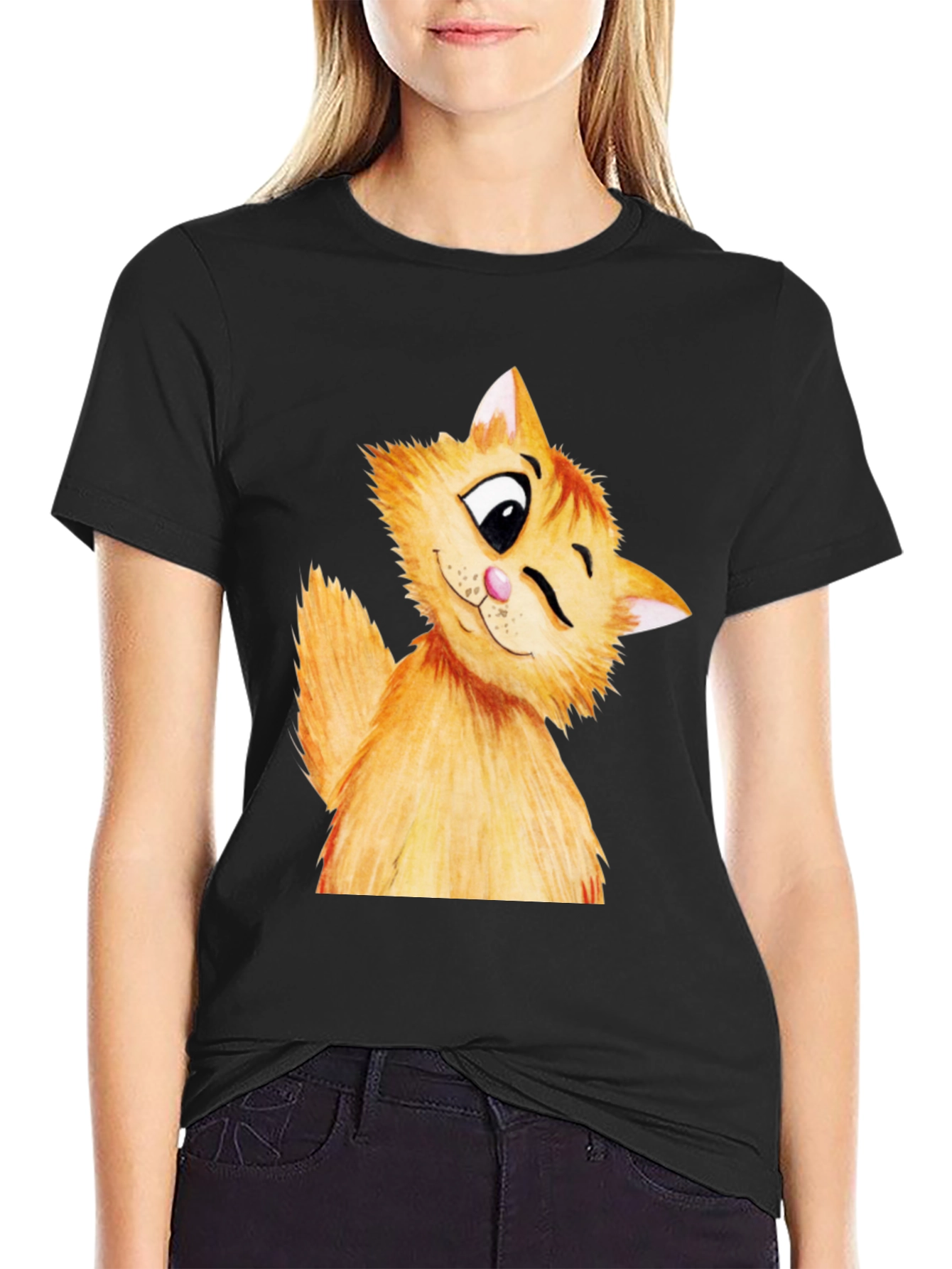 Winking Cat Graphic Tee - Soft Cotton Black T-Shirt