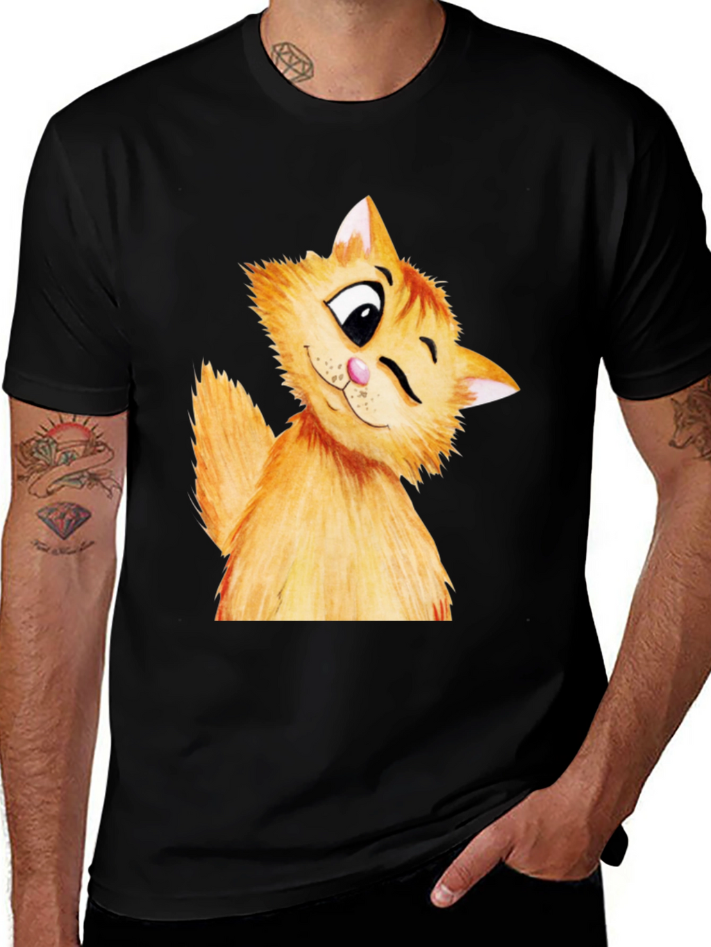 Winking Cat Graphic Tee - Soft Cotton Black T-Shirt
