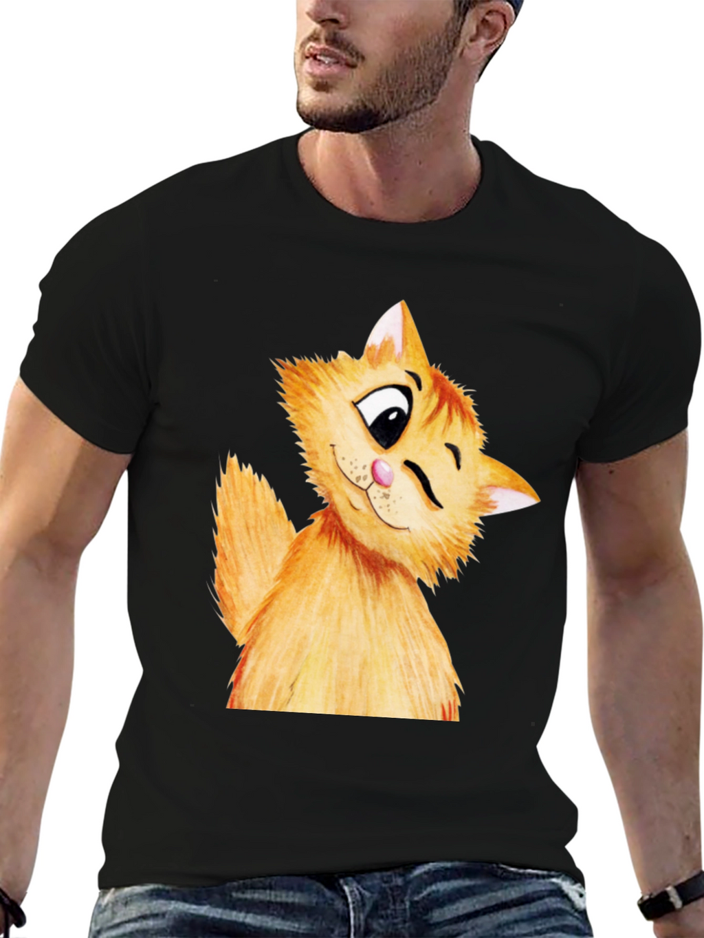 Winking Cat Graphic Tee - Soft Cotton Black T-Shirt
