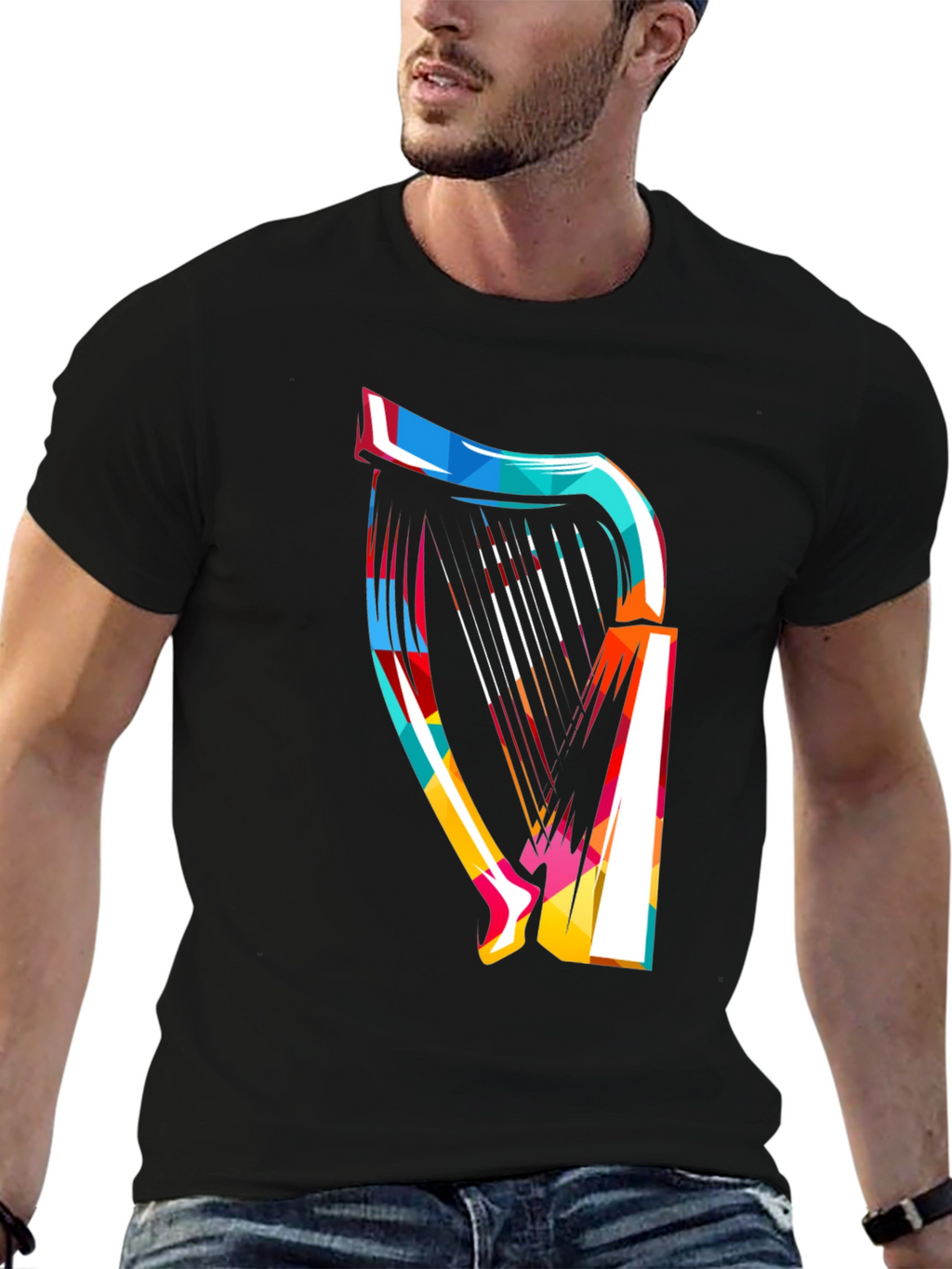 Abstract Harp Graphic Tee - Modern Music Lover Shirt