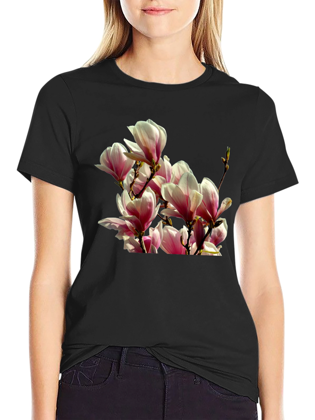 Floral Magnolia Graphic Tee - Black Cotton T-Shirt